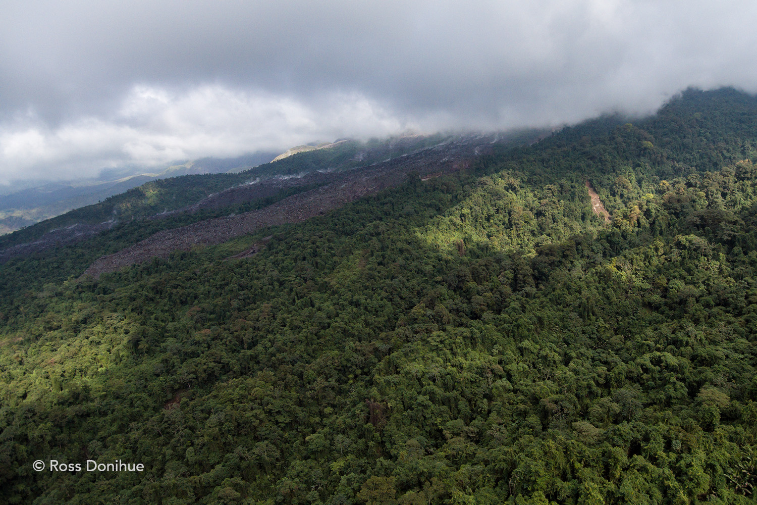 Here, lava flows from Santiaguito degass as they travel down the flanks of the lava dome.